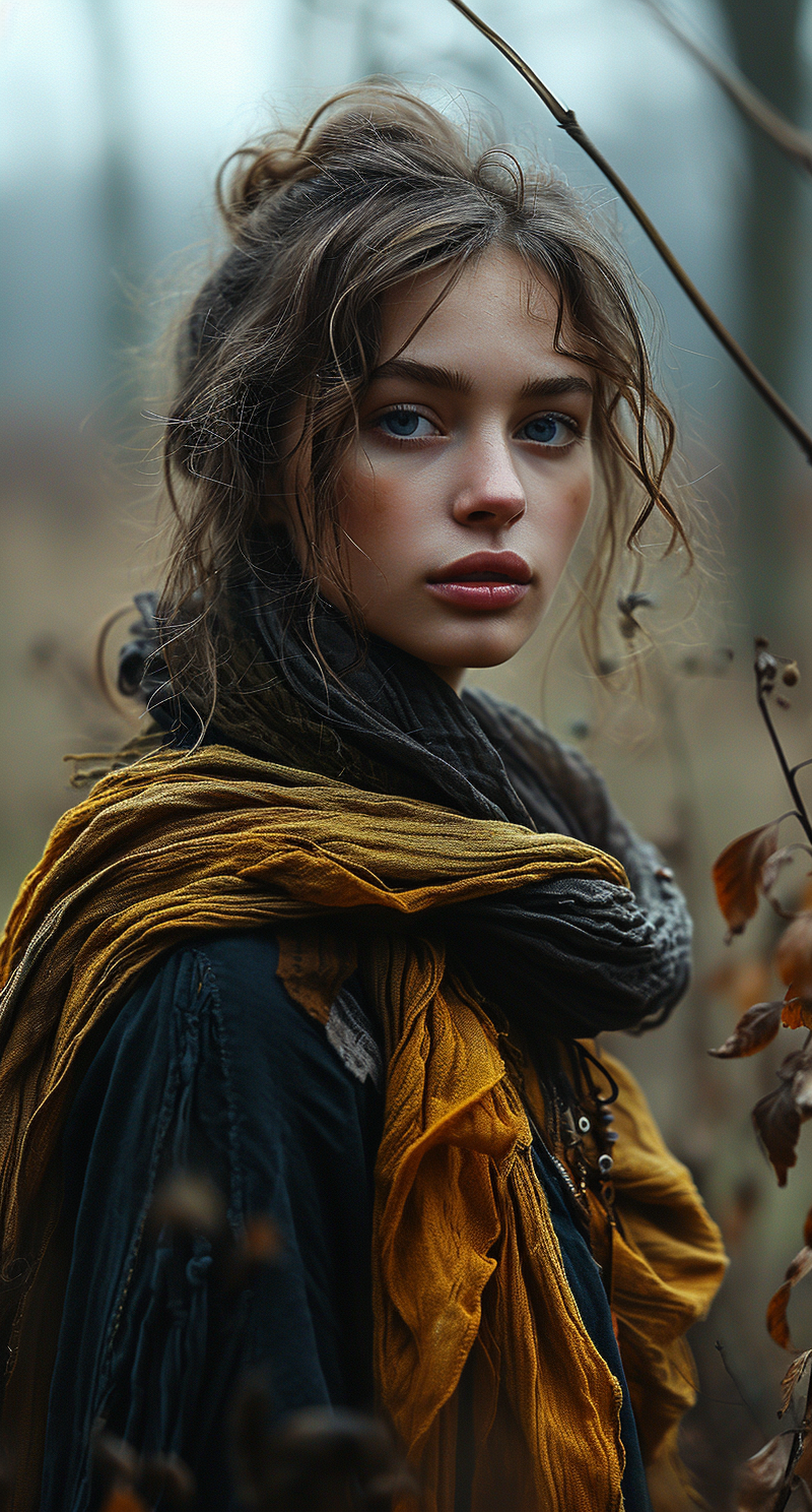 AI generated: Midjourney prompt: a girl standing in a field with a scarf, in the st... (Midjourney - Photography)