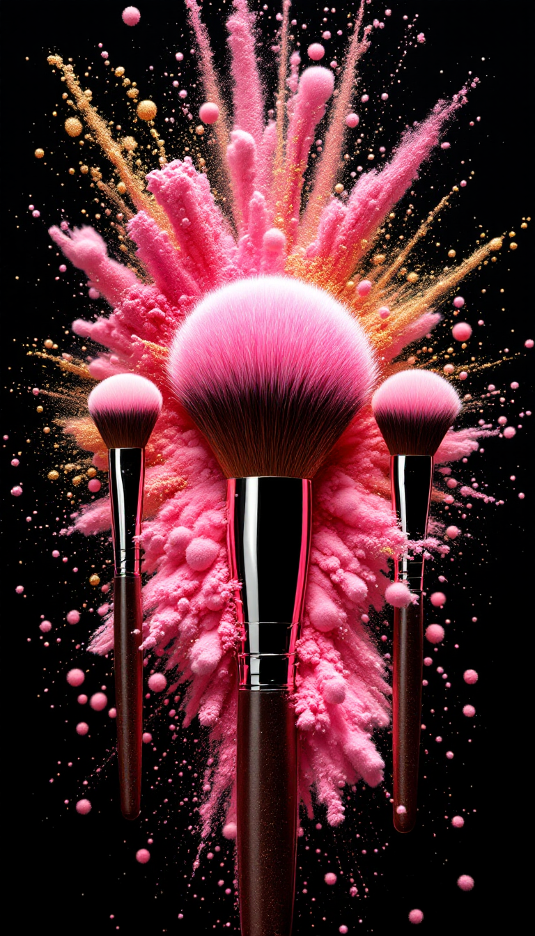FLUX prompt: a photo of 3 big cosmetic brushes with a pink and ... - FLUX