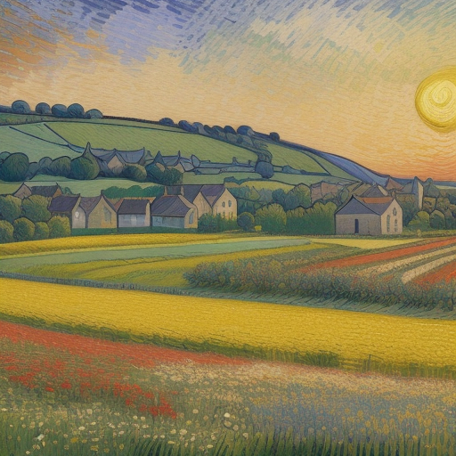 صورة مولدة بالذكاء الاصطناعي: DreamShaper prompt: French village landscape with the field and the fl... (نموذج DreamShaper - مناظر طبيعية)