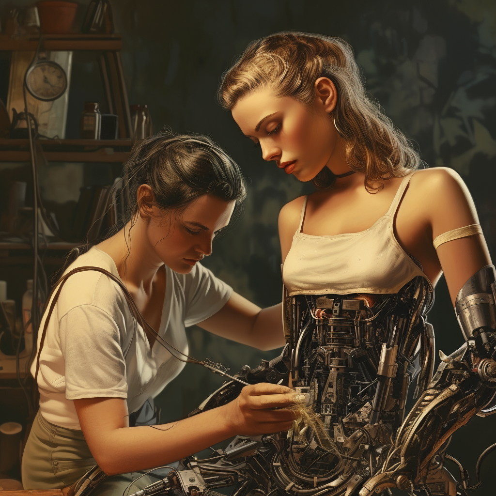 صورة مولدة بالذكاء الاصطناعي: Midjourney prompt: Repairing woman robot (نموذج Midjourney - Character Design)