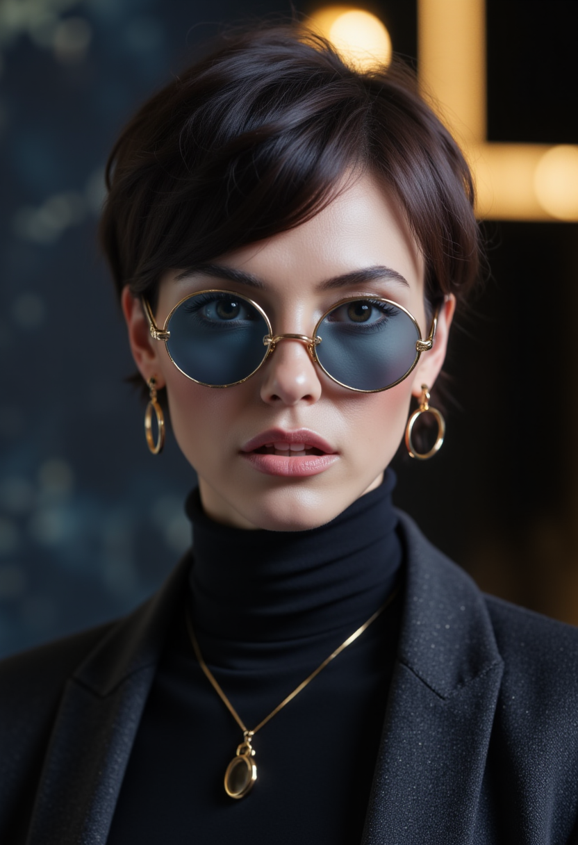 AI generated: FLUX prompt: A fair-skinned woman with short dark hair and blue... (FLUX - Photography)