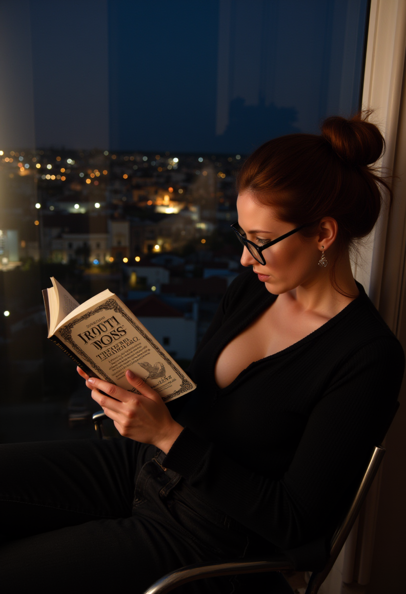 FLUX prompt: a woman sitting in a chair next to a window with a... - FLUX