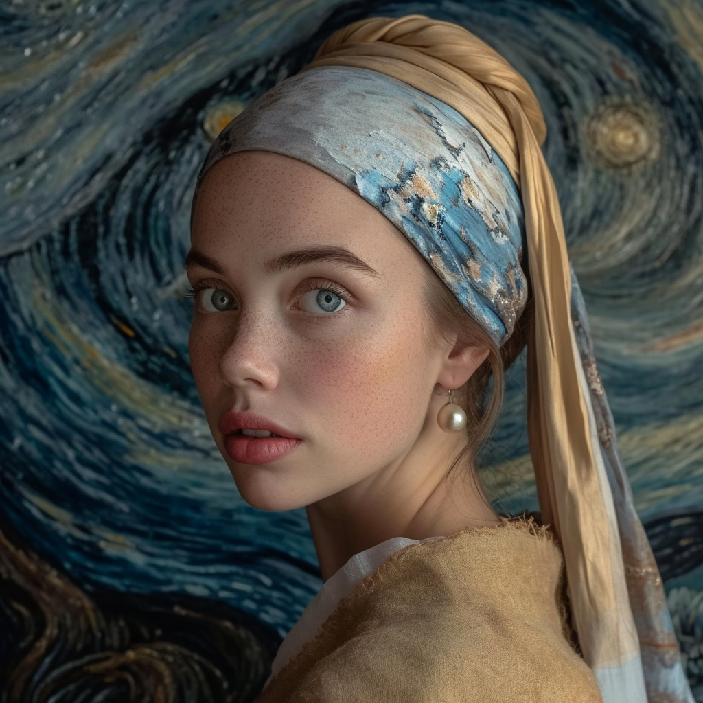 Midjourney prompt: Surreal art, based on the painting girl with pearl... - Midjourney