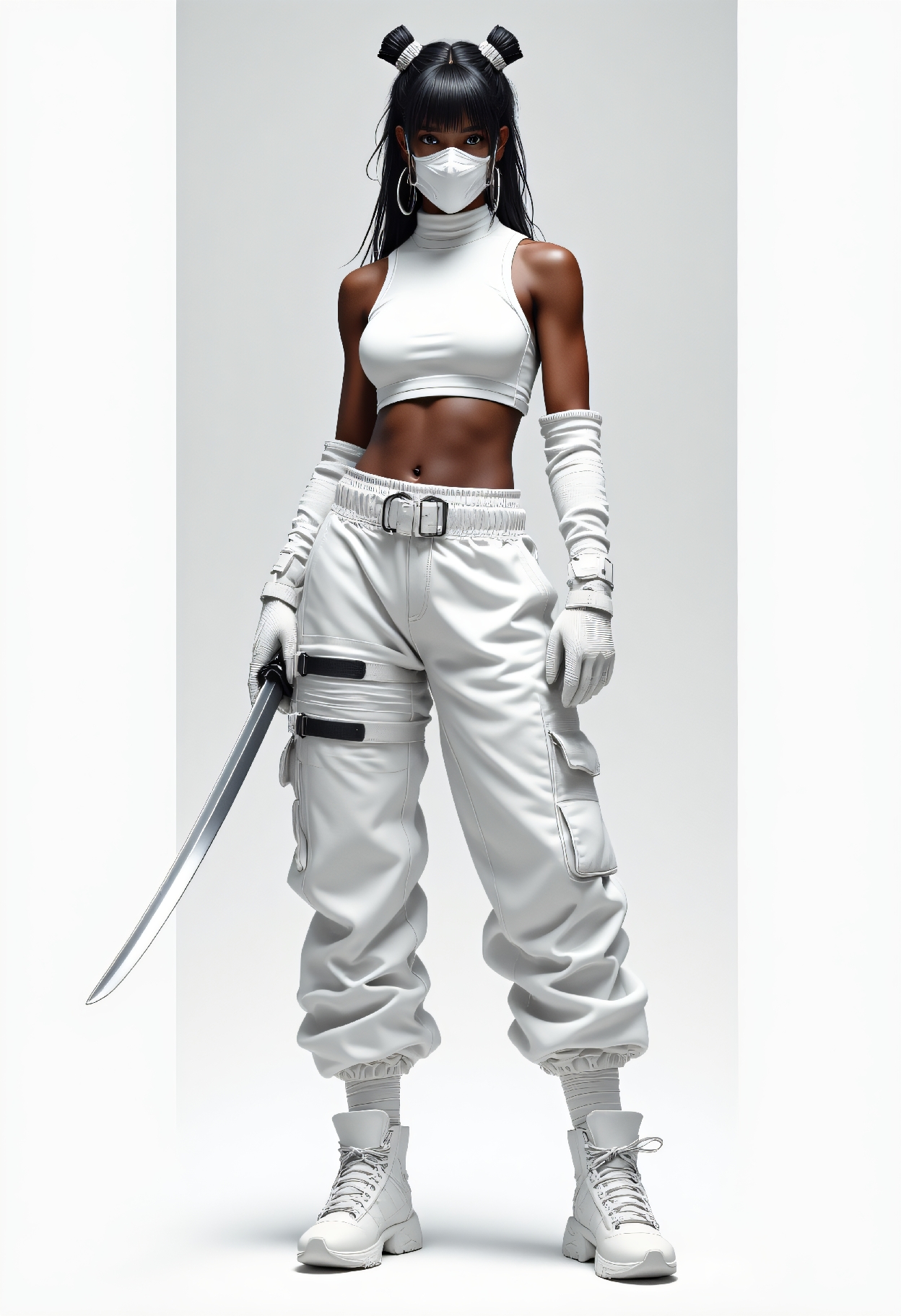 AI generated: FLUX prompt: A black female warrior in all-white modern ninja o... (FLUX - Fashion)