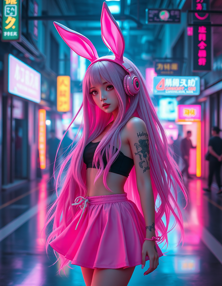 AI generated: FLUX prompt: The pink bunny girl in the cyber world is a cyberp... (FLUX - Portraits)