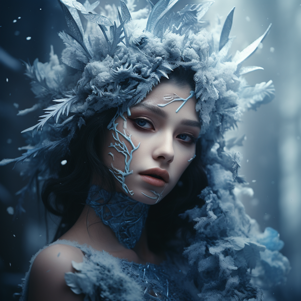 Midjourney prompt: Girl of the frozen forest, in the style of lush an... - Midjourney