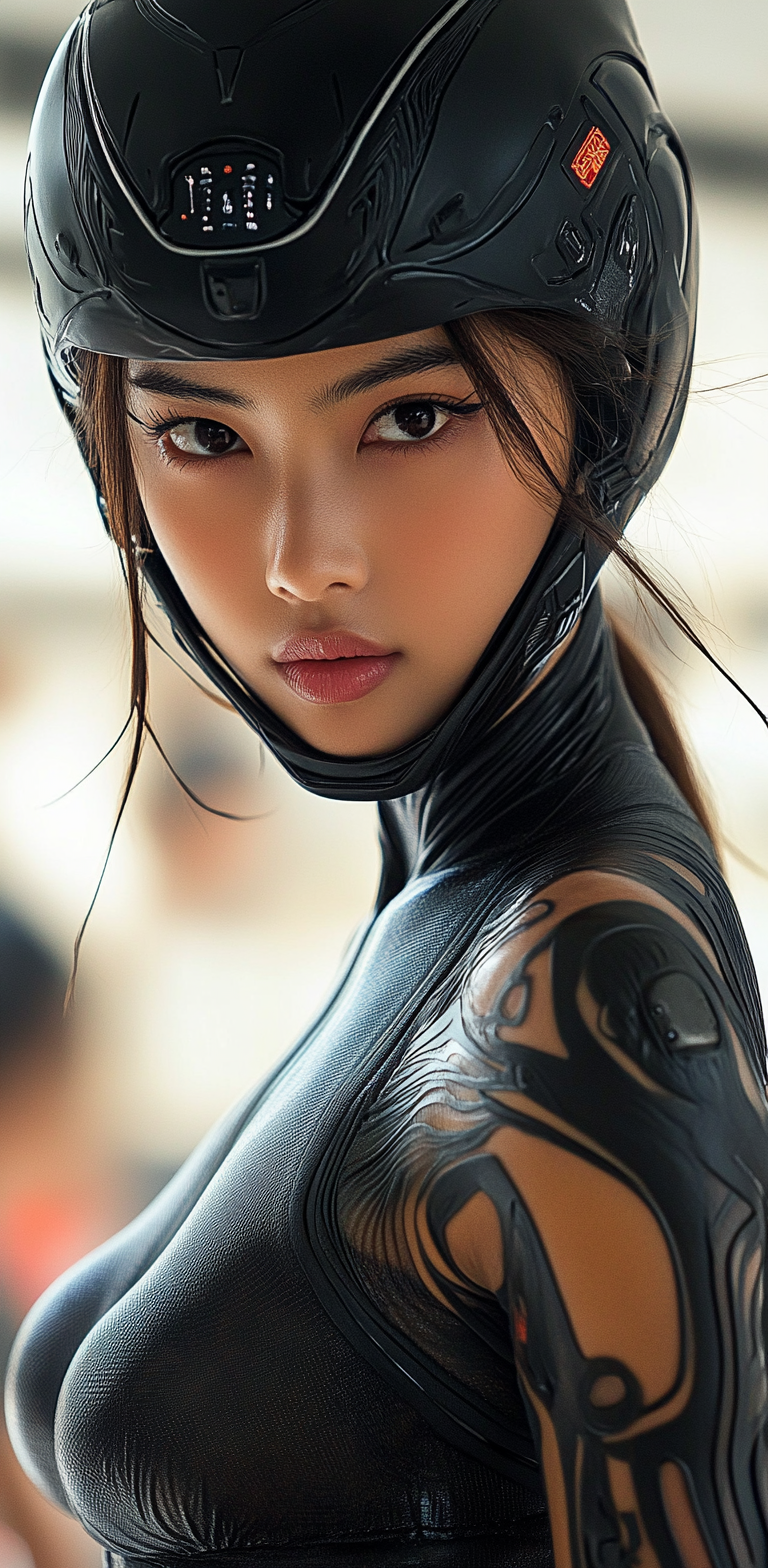 AI generated: Midjourney prompt: Close-up shot of a woman wearing a black latex out... (Midjourney - Photography)