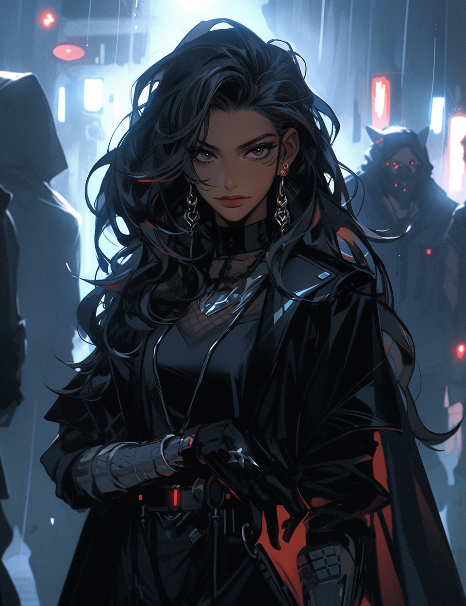 Midjourney prompt: an image of a woman in black leather near a neon s... - Midjourney