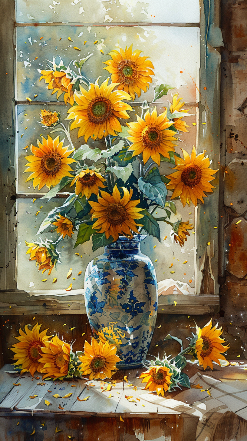 AI generated: Midjourney prompt: watercolor painting, sunflowers in a vase on a cou... (Midjourney - Concept Art)