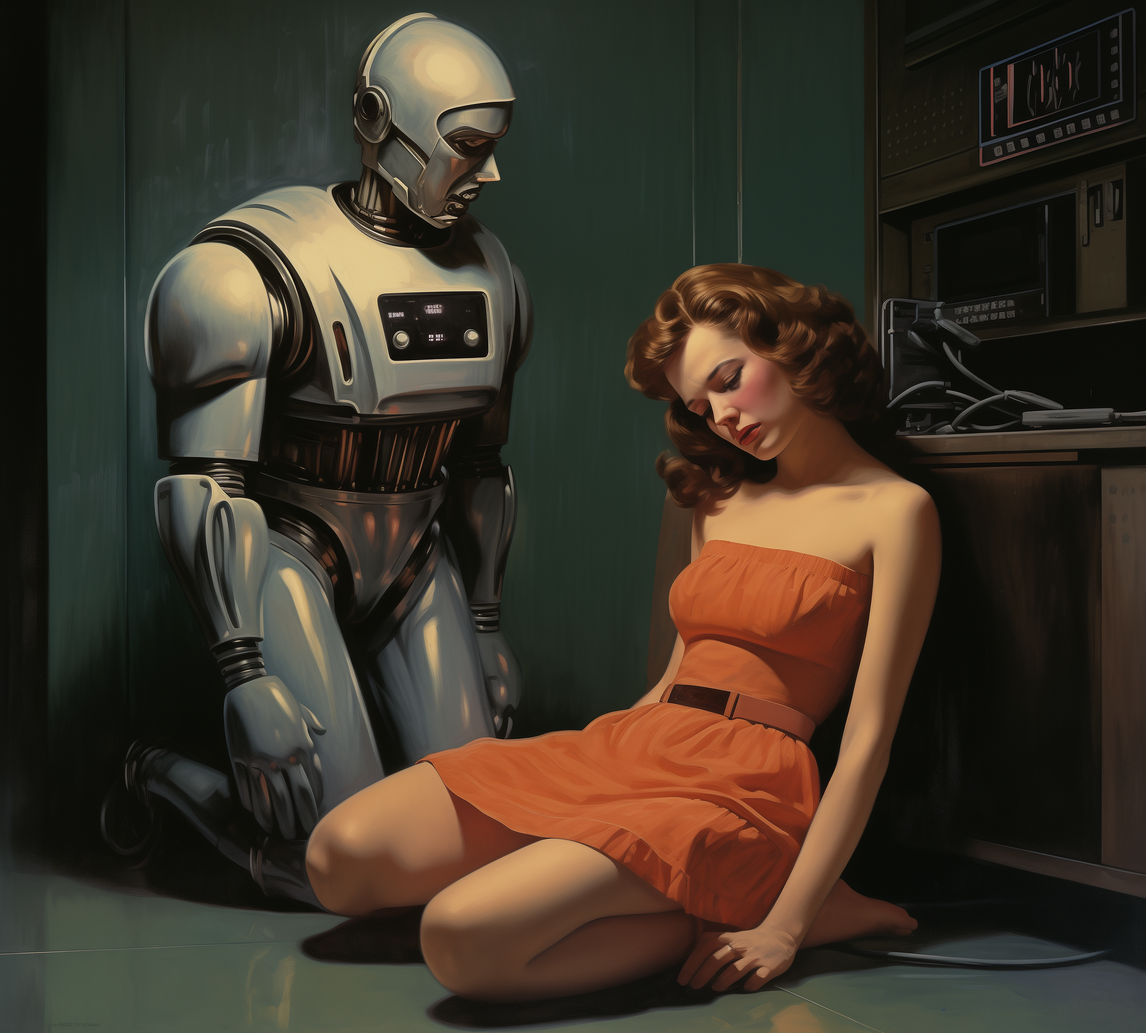 صورة مولدة بالذكاء الاصطناعي: Midjourney prompt: A man being comforted by a robot while he watches ... (نموذج Midjourney - فن مفاهيمي)