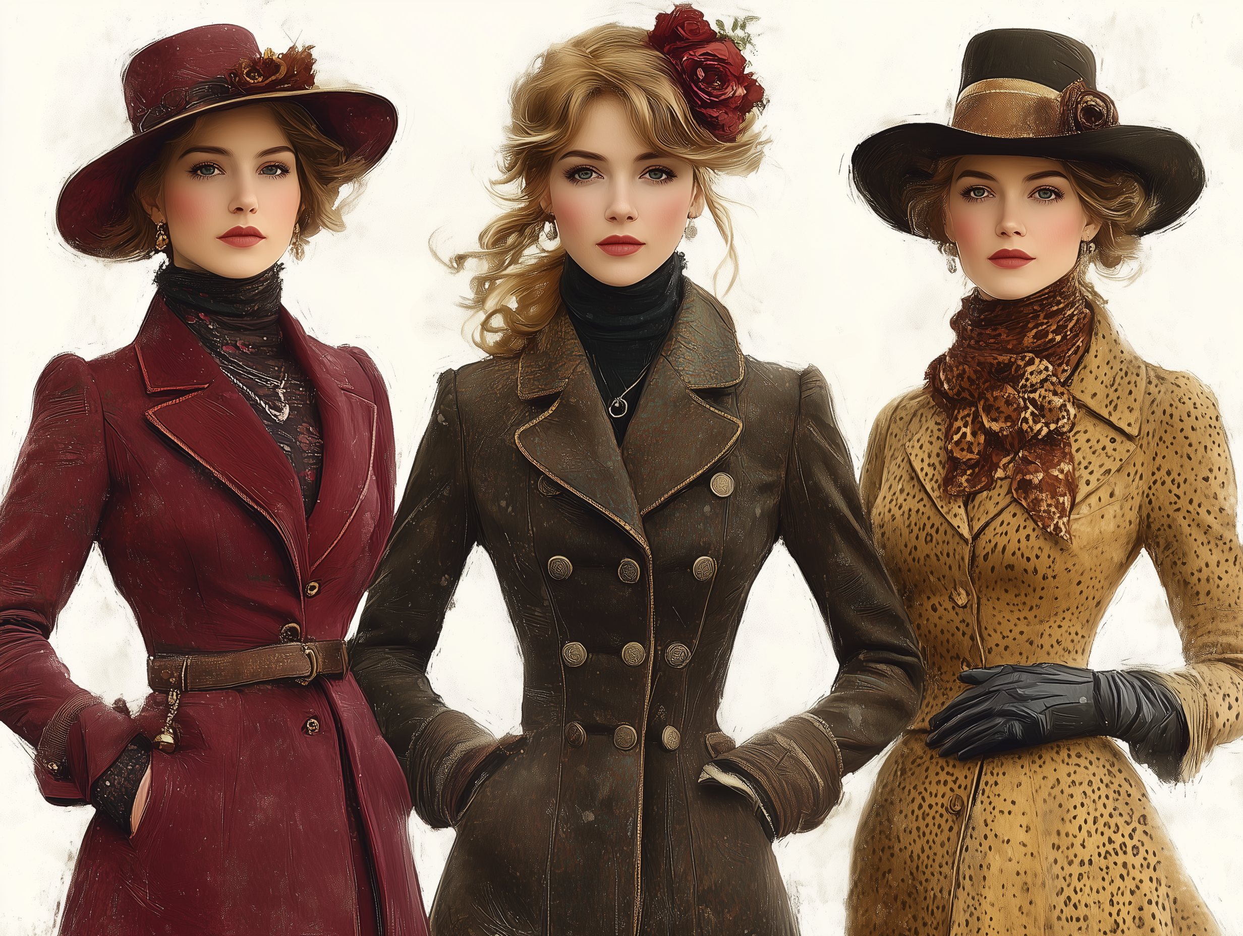 AI generated: Midjourney prompt: Three women in vintage fashion attire, clipart on ... (Midjourney - Fashion)