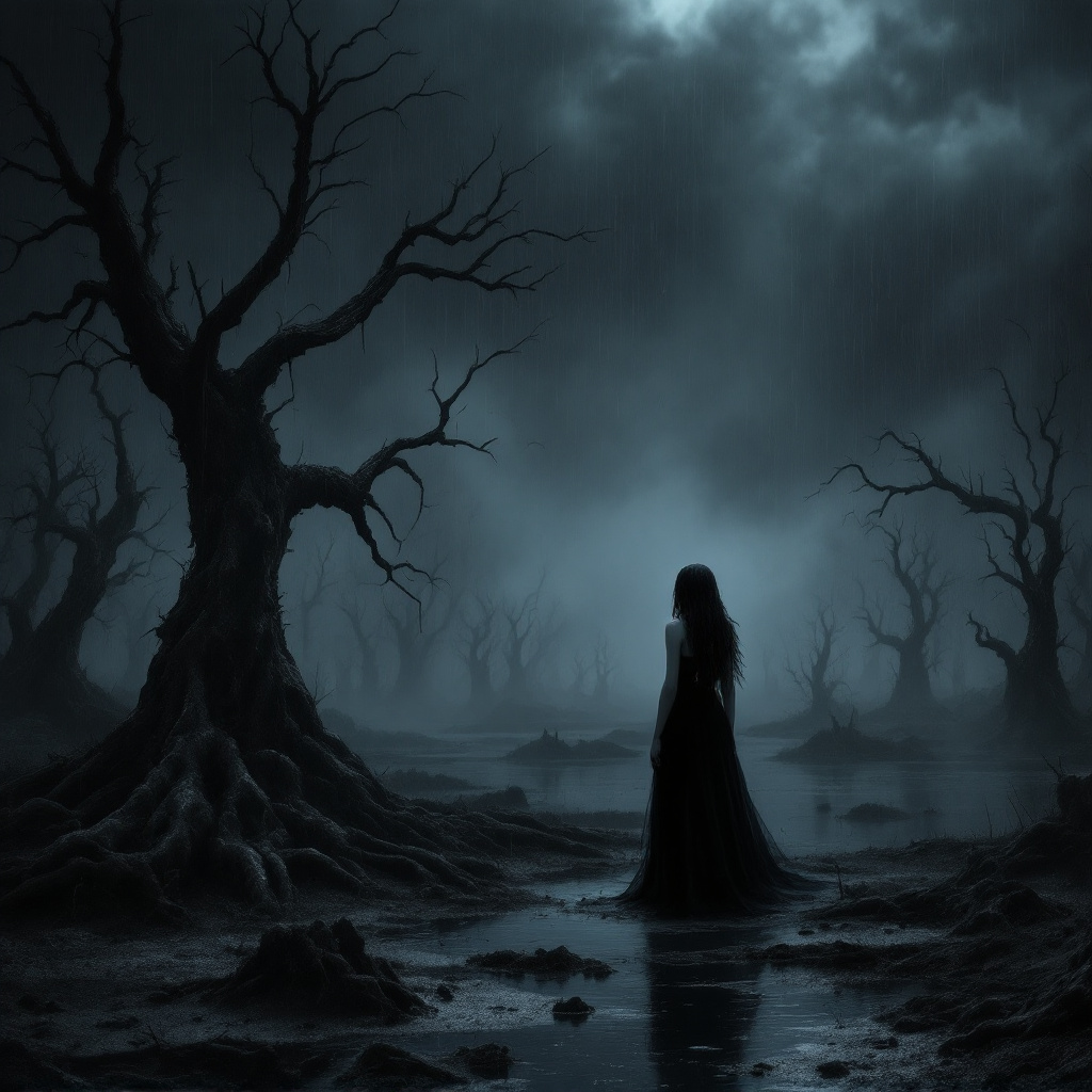 صورة مولدة بالذكاء الاصطناعي: FLUX prompt: a dark, gloomy swamp stretching out as far as the ... (نموذج FLUX - صور شخصية)