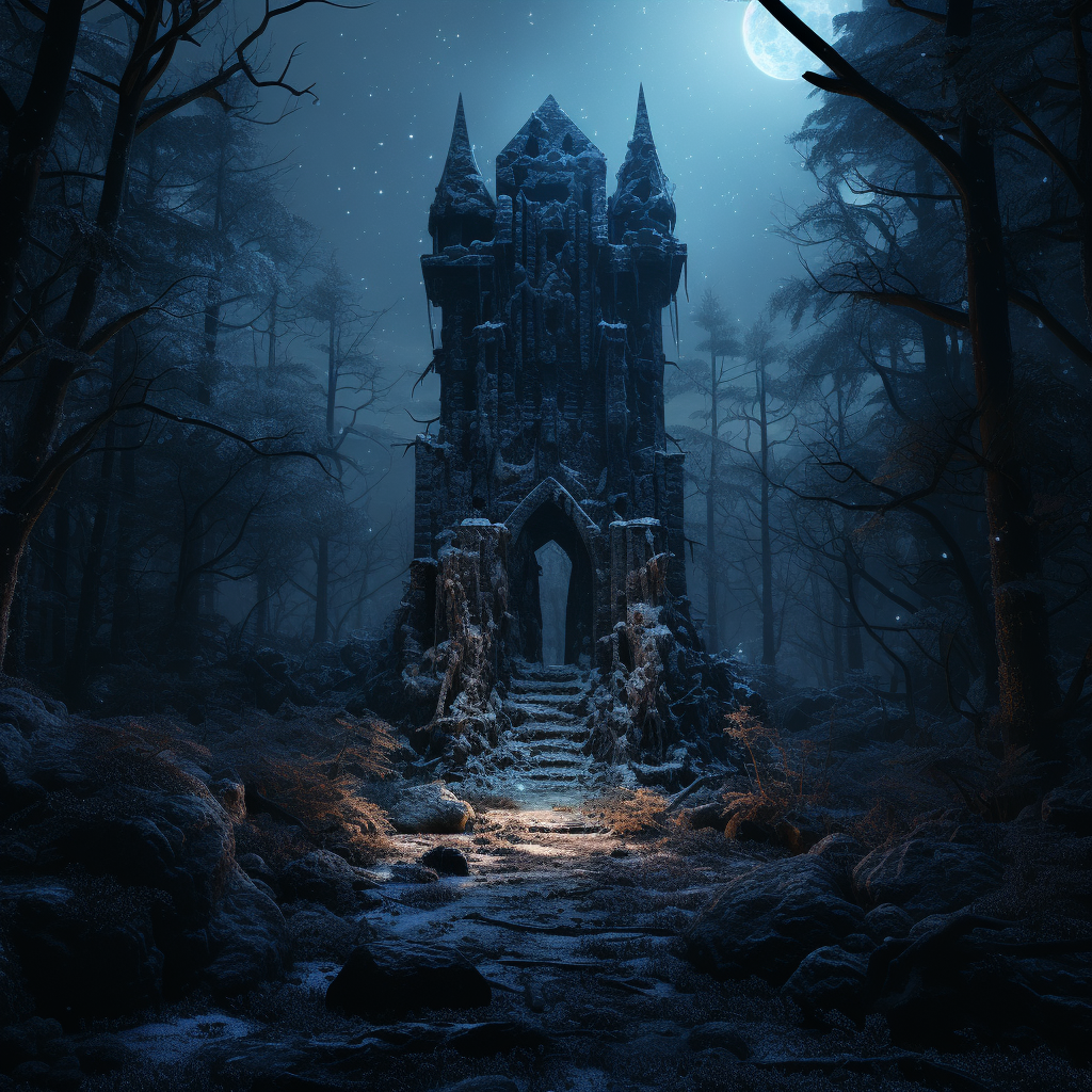 صورة مولدة بالذكاء الاصطناعي: Midjourney prompt: haunting stone tower surrounded by a dense taiga f... (نموذج Midjourney - مناظر طبيعية)