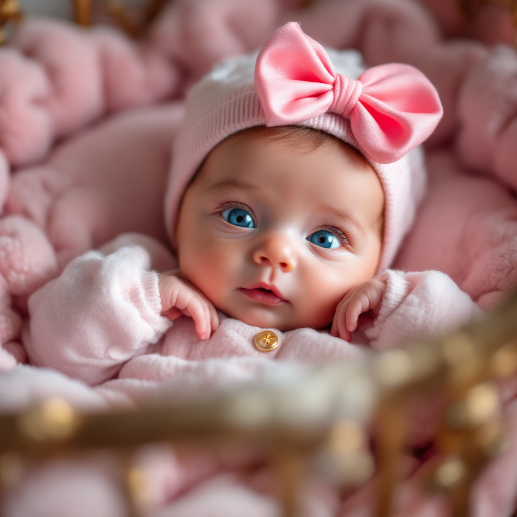 FLUX prompt: newborn baby with beautiful blue eyes, dress...