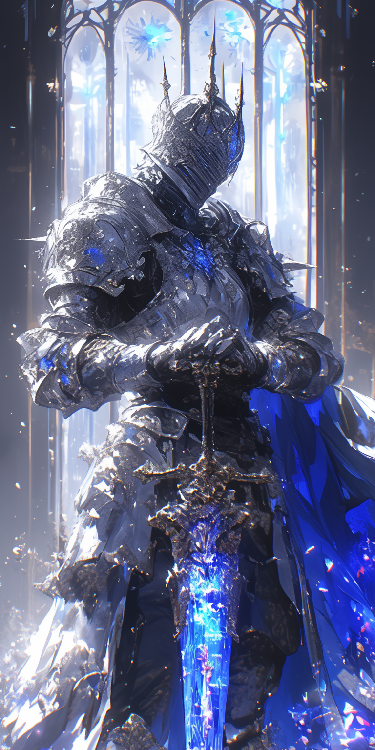 AI generated: Midjourney prompt: dark knight in white armor with a sword, in the st... (Midjourney - Character Design)