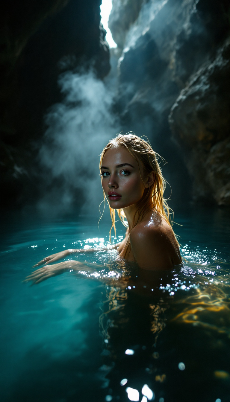 صورة مولدة بالذكاء الاصطناعي: FLUX prompt: hot spring in a river water, steam rises from the ... (نموذج FLUX - صور شخصية)