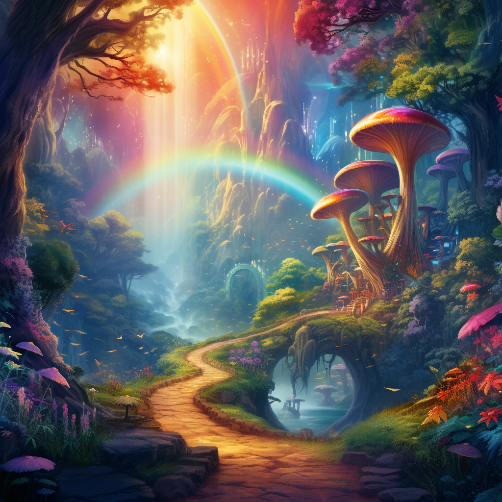 Midjourney prompt: the fairy mystical enchanted forest with rainbow i... - Midjourney