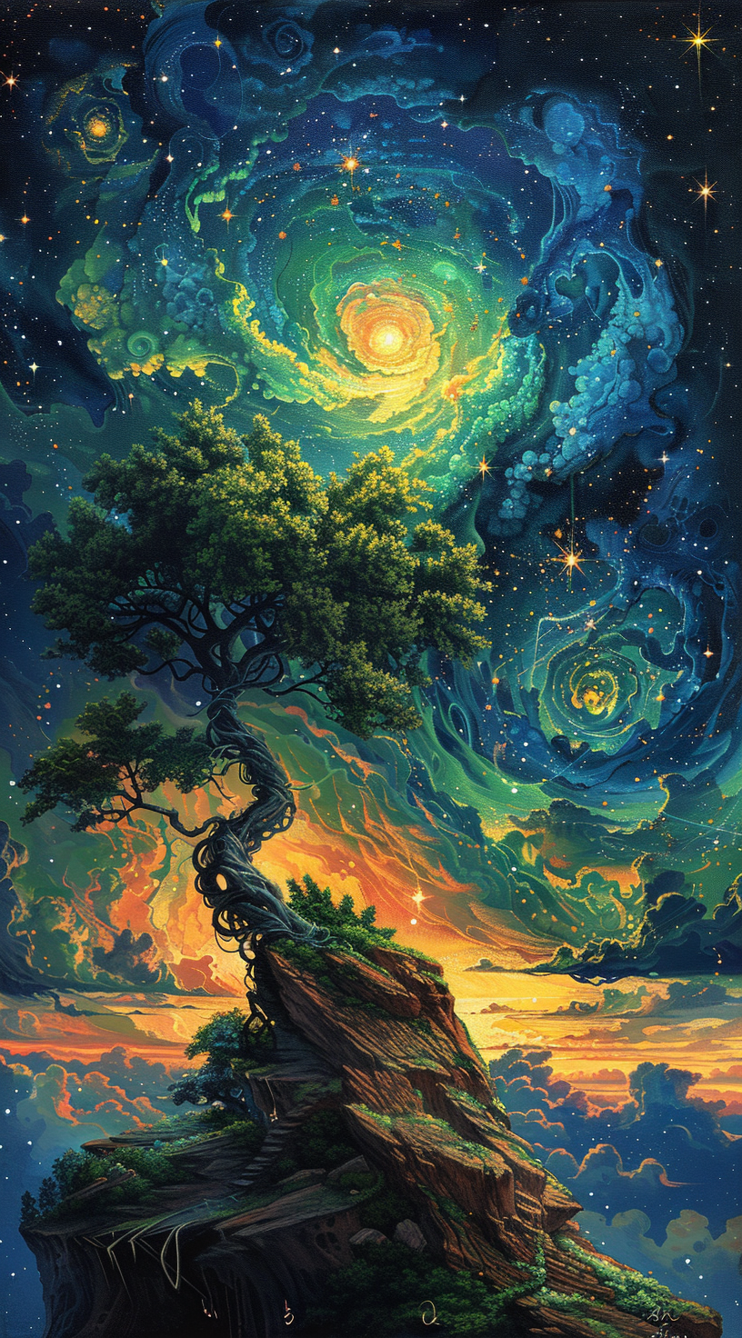 AI generated: Midjourney prompt: bright painting of a tree with stars in the sky, i... (Midjourney - Concept Art)