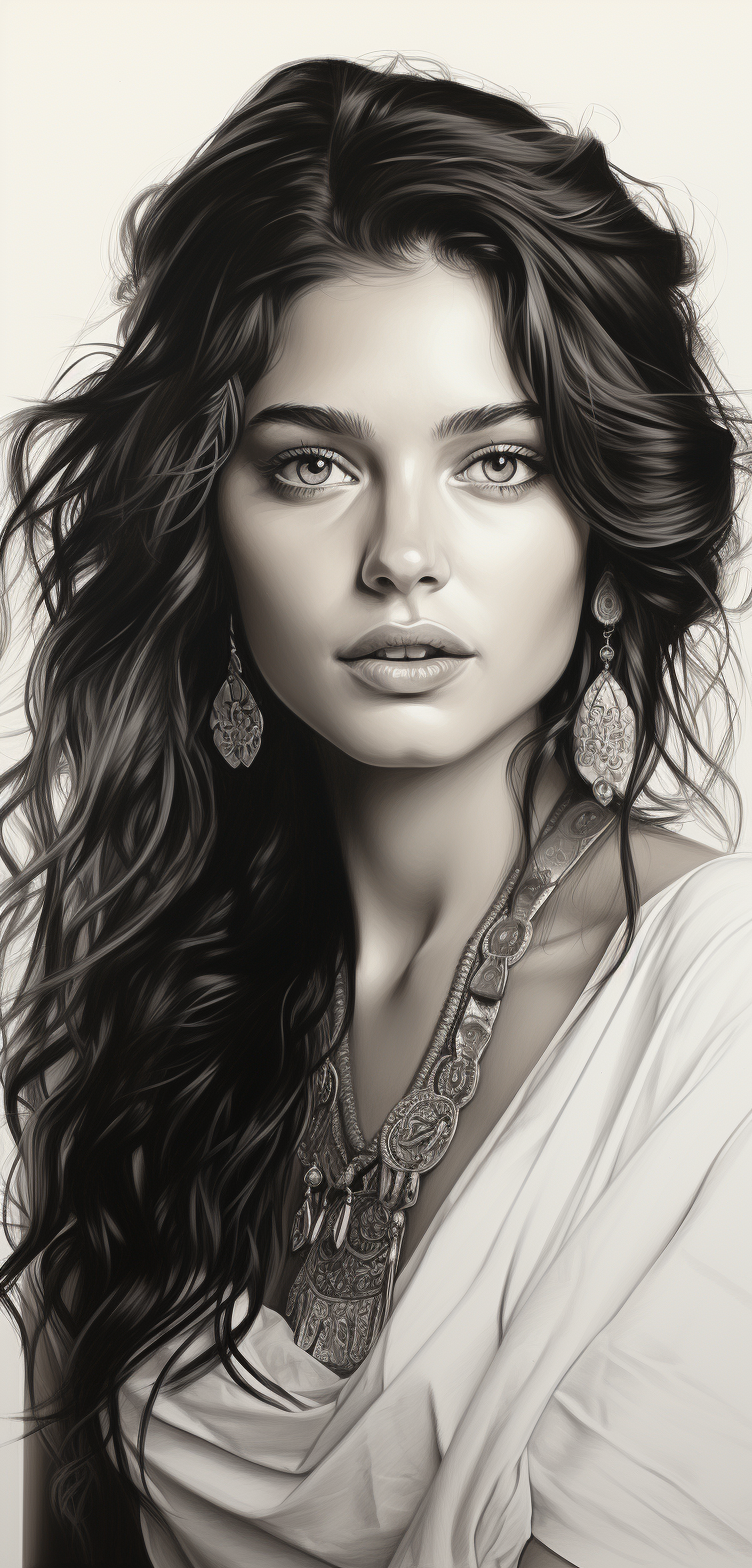 صورة مولدة بالذكاء الاصطناعي: مطالبة Midjourney: رسم واقعي بالأبيض والأسود لامرأة هندية جميلة... (نموذج Midjourney - صور شخصية)