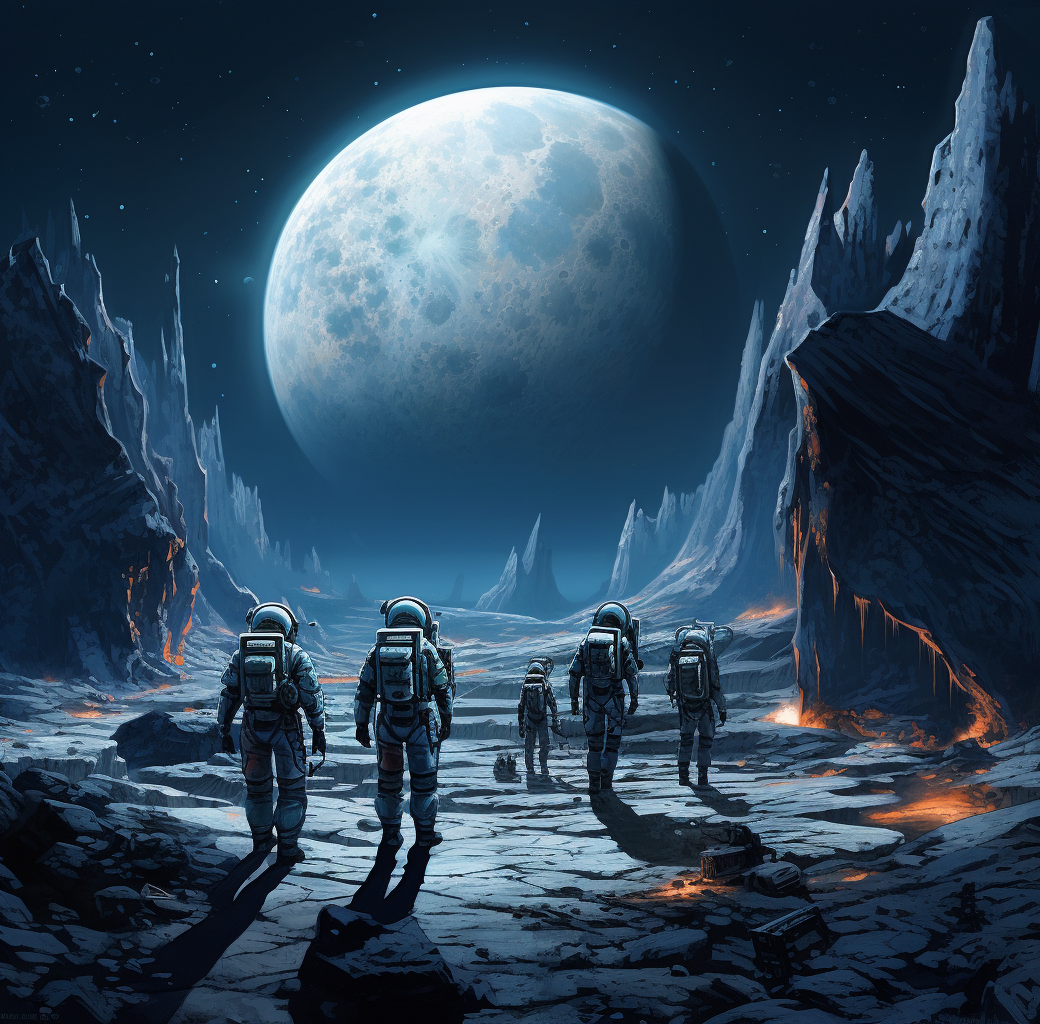 AI generated: Midjourney prompt: a group of astronauts are carrying something on th... (Midjourney - Landscapes)