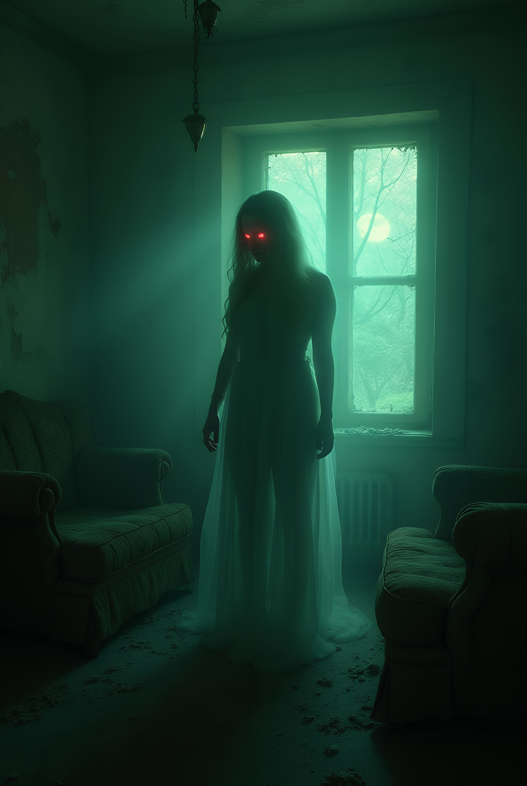 FLUX prompt: Here’s the eerie image of the ghostly female spiri... - FLUX