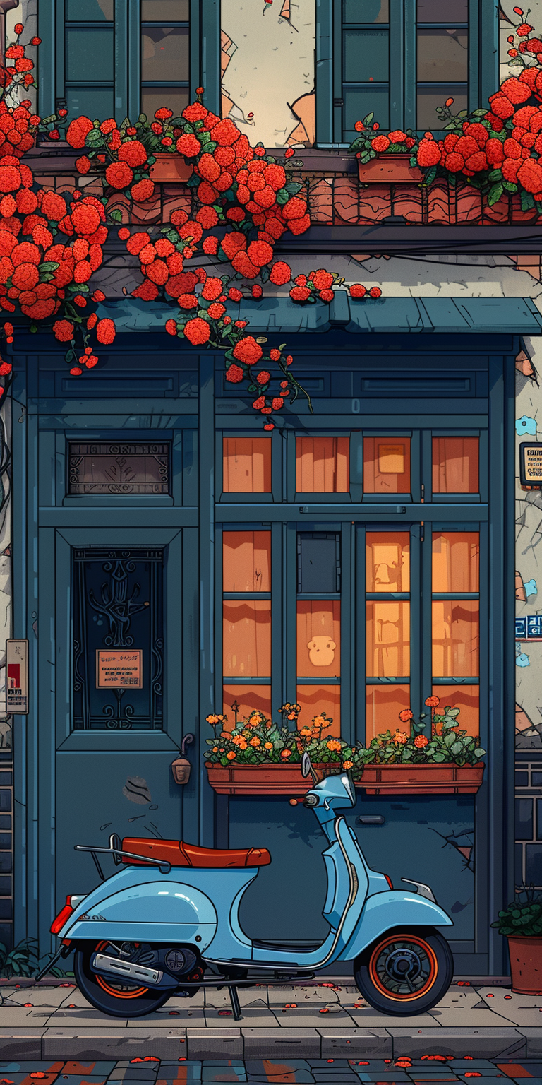 AI generated: Midjourney prompt: A blue moped parked in front of an old building wi... (Midjourney - Concept Art)