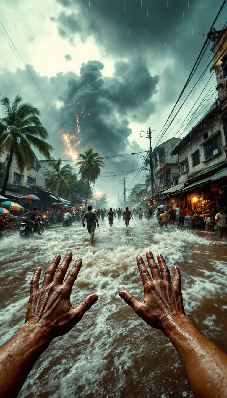 AI generated: FLUX prompt: First-person POV from a flooded coastal street dur... (FLUX - Architecture)