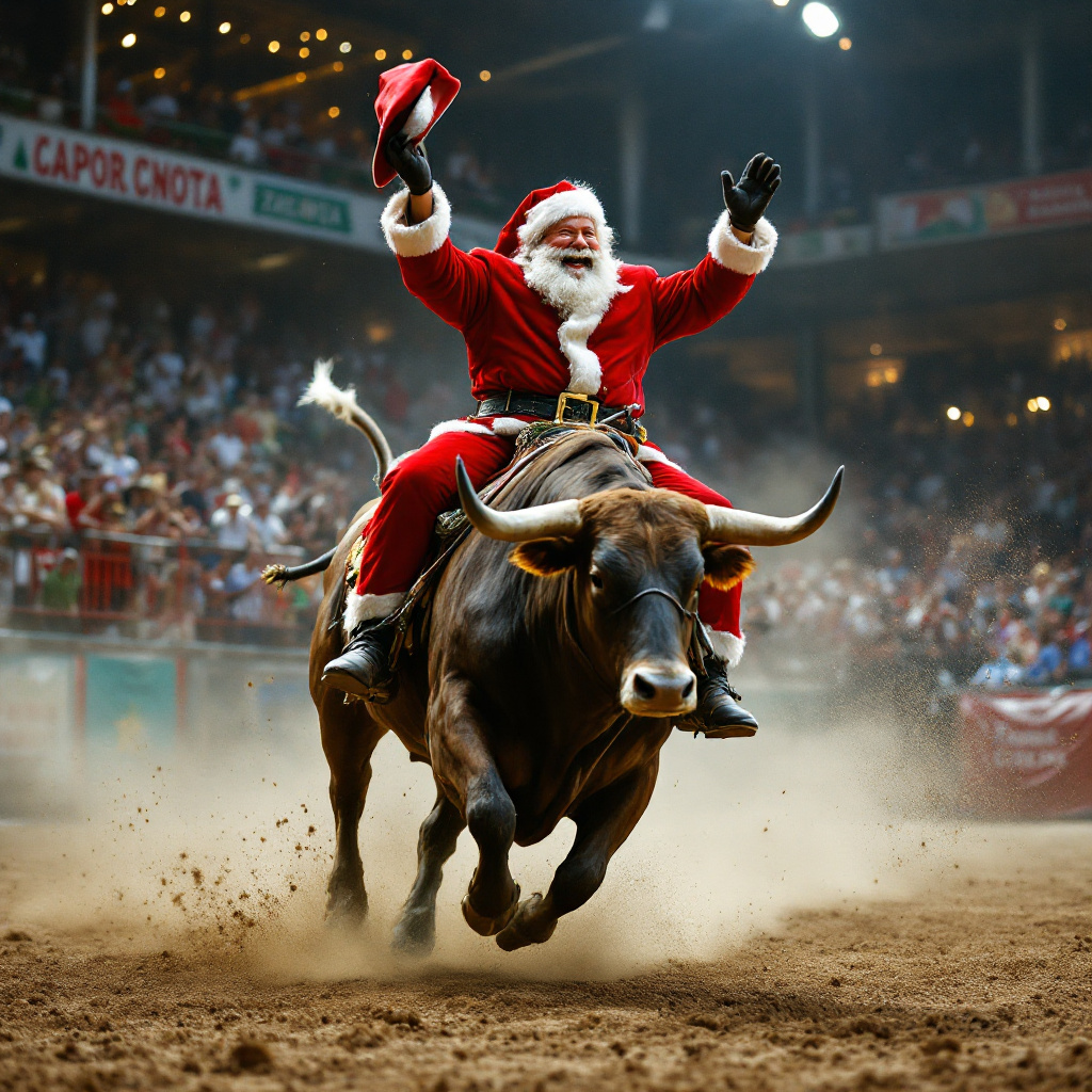 Santa Riding Bull FLUX prompt: Santa Claus, portrayed in stunning realism w...