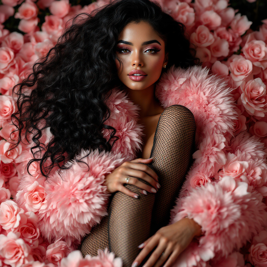 AI generated: FLUX prompt: A stunning woman with luscious, curly black locks ... (FLUX - Fashion)