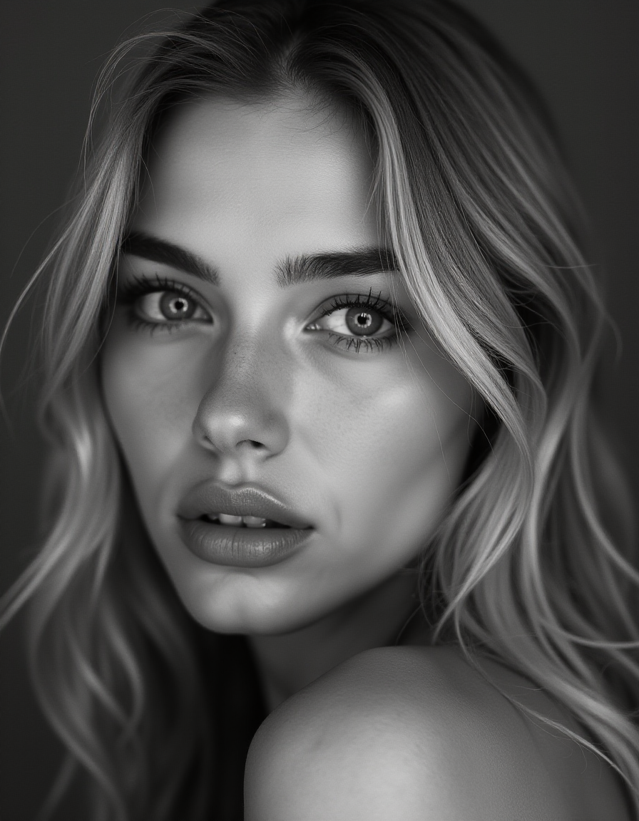 صورة مولدة بالذكاء الاصطناعي: FLUX prompt: b&w, instagram photo, portrait photo of 26 y.o blo... (نموذج FLUX - صور شخصية)