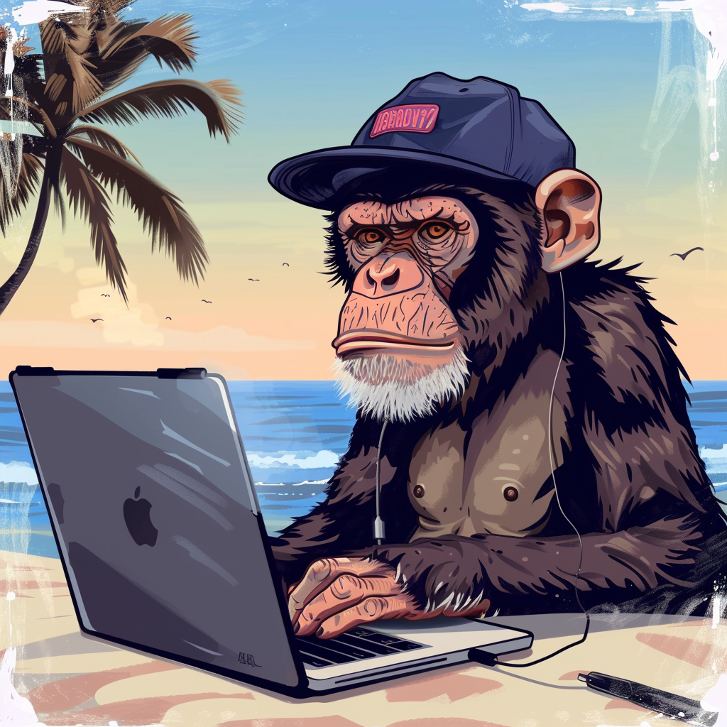 AI generated: Midjourney prompt: illustration, monkey on a laptop with a cap, on ... (Midjourney - Concept Art)