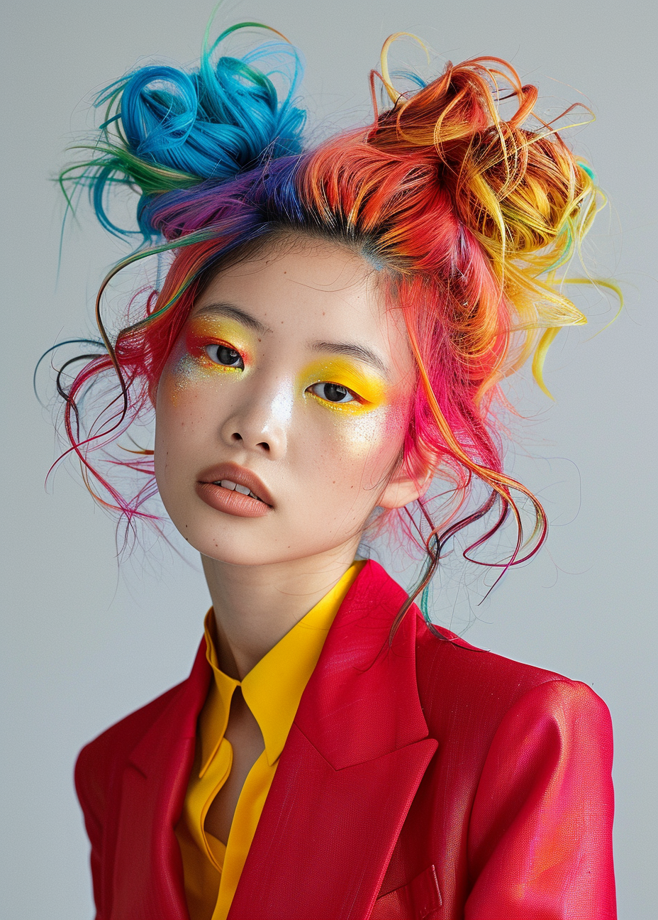 صورة مولدة بالذكاء الاصطناعي: Midjourney prompt: A photo of an Asian woman with colorful hair, styl... (نموذج Midjourney - صور شخصية)