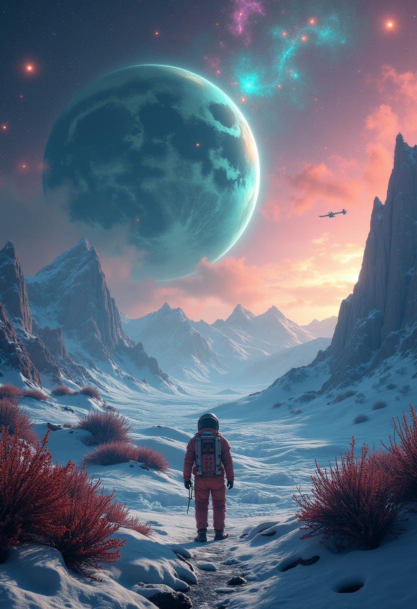 AI generated: FLUX prompt: view from beautiful alien planet , nebulas, retro ... (FLUX - Character Design)