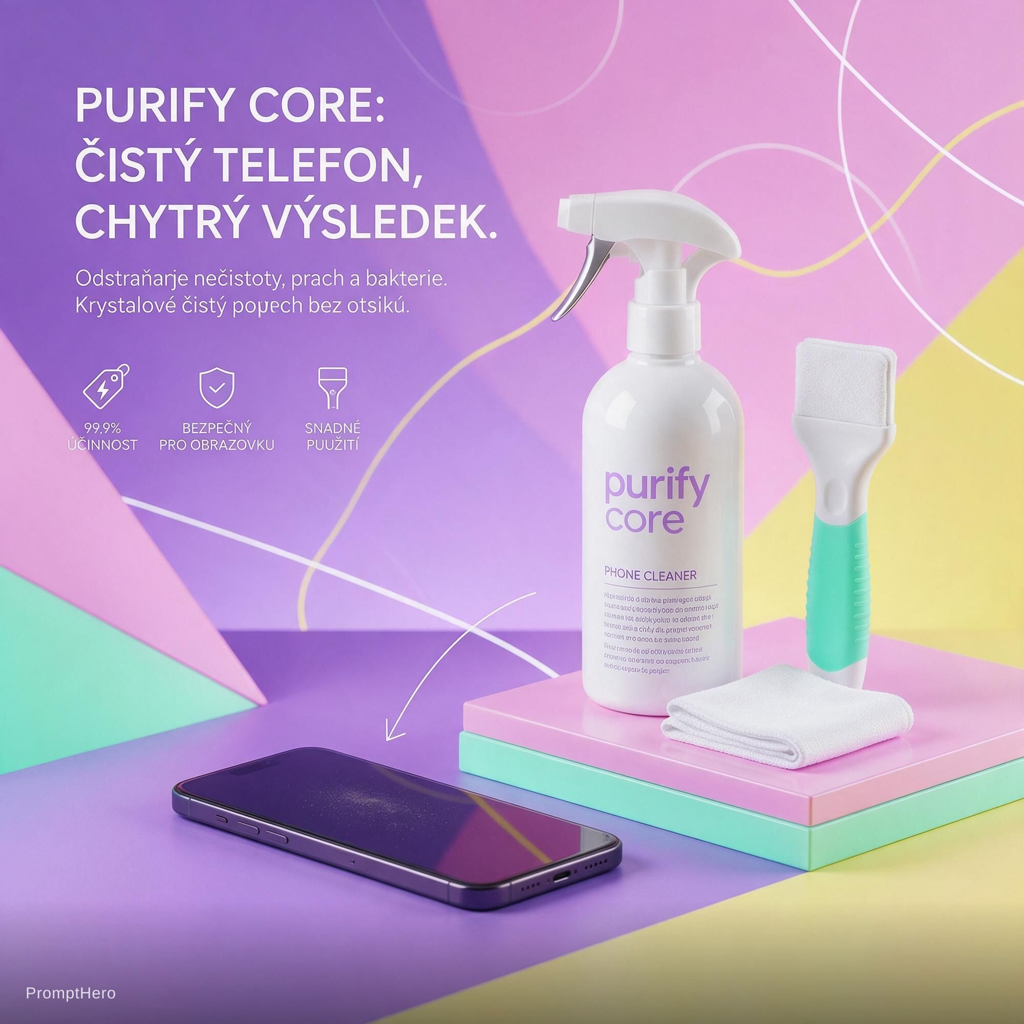 AI generated: Seedream 5 prompt: Čistič telefonu s názvem purify core. Výraznější k... (Seedream 5 - Concept Art)