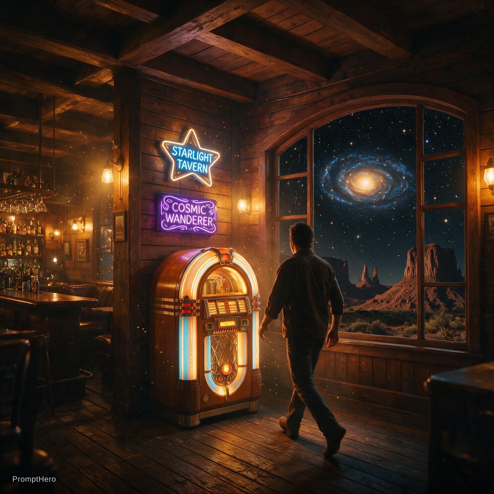 AI generated: Seedream 5 prompt: Cinematic wide shot of a cozy vintage tavern inter... (Seedream 5 - Portraits)