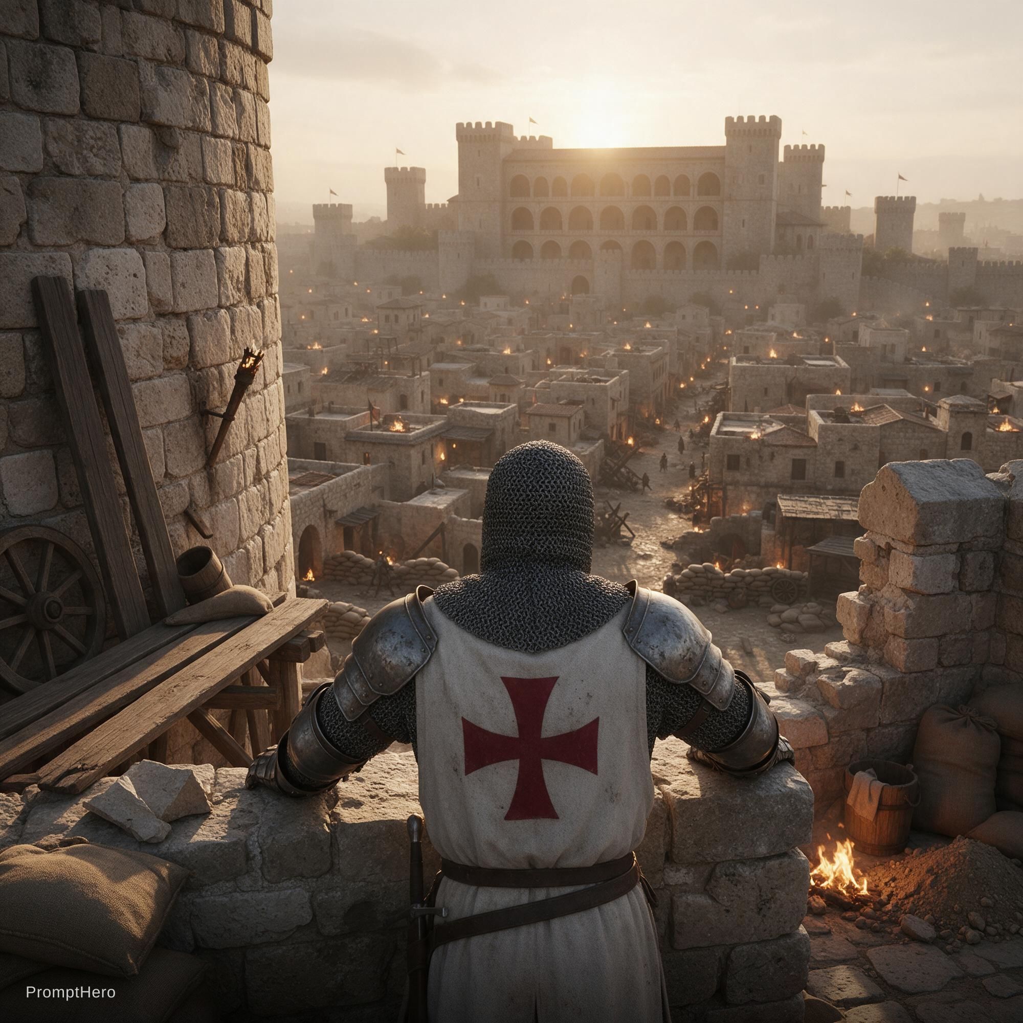صورة مولدة بالذكاء الاصطناعي: Seedream 5 prompt: Toma de acre visto desde la posición de un templar... (نموذج Seedream 5 - فن مفاهيمي)