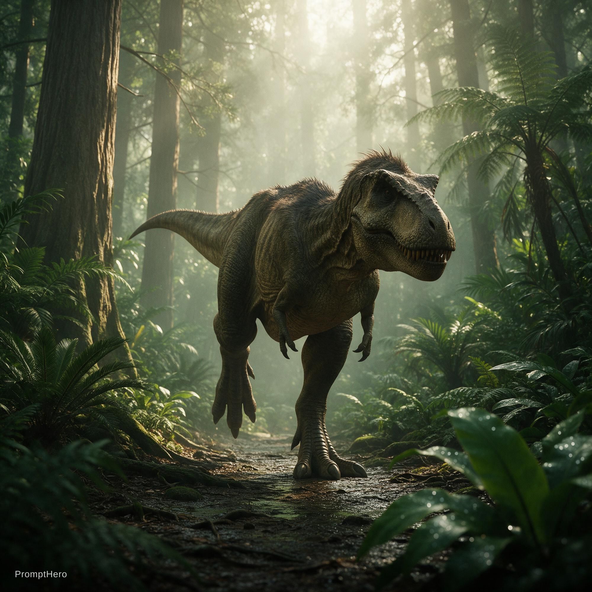 Seedream 5 prompt: Un dinosaurio rex tiranosaurio en selva prehistori... - Seedream 5