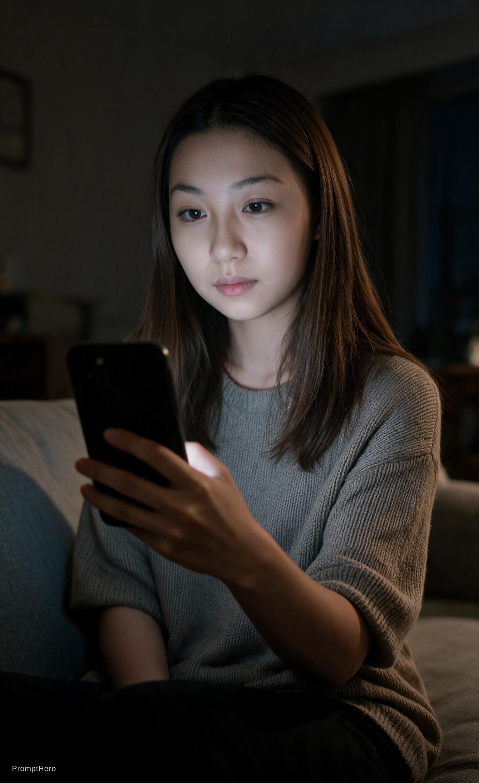 AI generated: Seedream 5 prompt: The girl is sitting on a sofa at night, doing a se... (Seedream 5 - Interior Design)