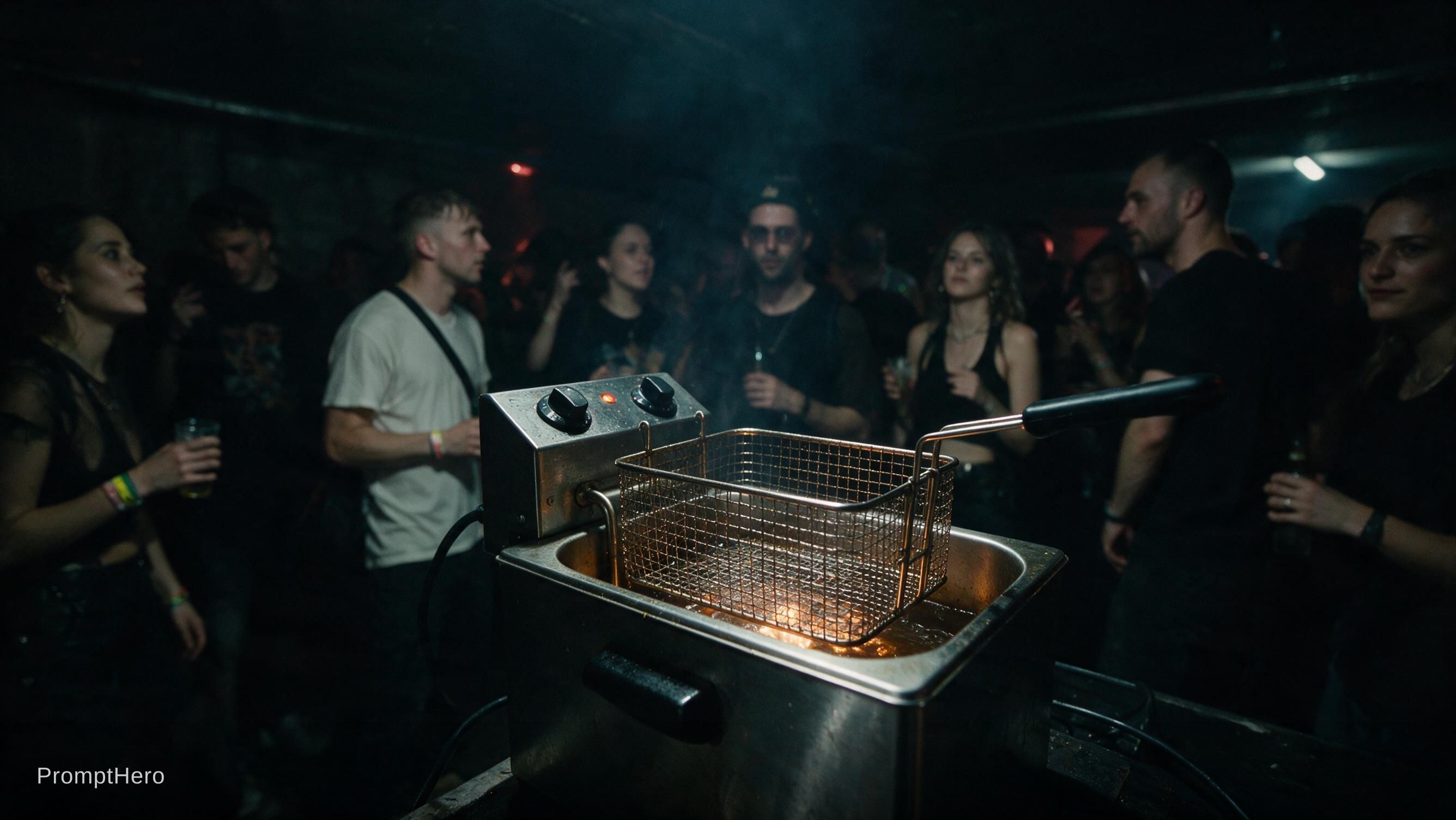 AI generated: Seedream 5 prompt: fryer dark underground techno party (Seedream 5 - Concept Art)