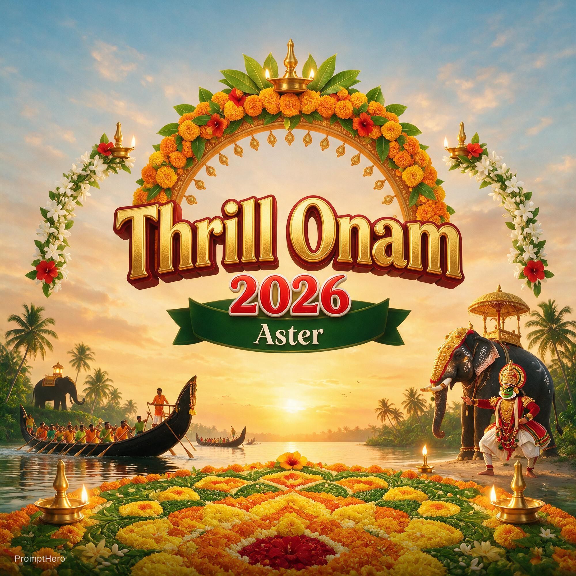 صورة مولدة بالذكاء الاصطناعي: Seedream 5 prompt: i want Onam Banner Name Thrill Onam 2026 Aster (نموذج Seedream 5 - فن مفاهيمي)