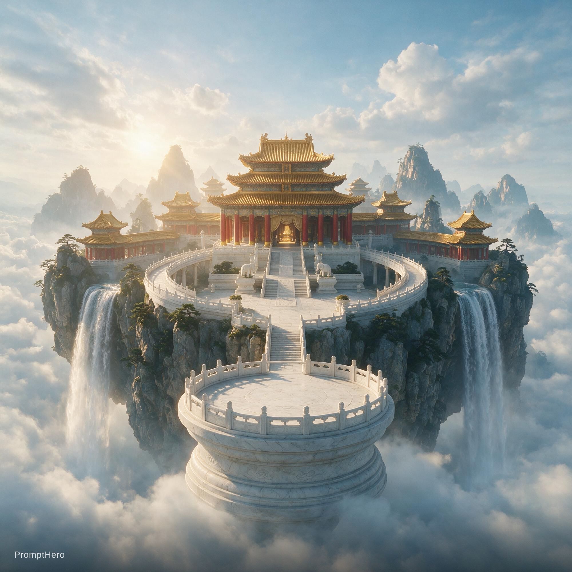 AI generated: Seedream 5 prompt: 生成一张16:9横屏的超写实中国神话电影关键帧。辽阔云海之上，一座规模庞大的东方天宫建筑群坐落在横向... (Seedream 5 - Concept Art)