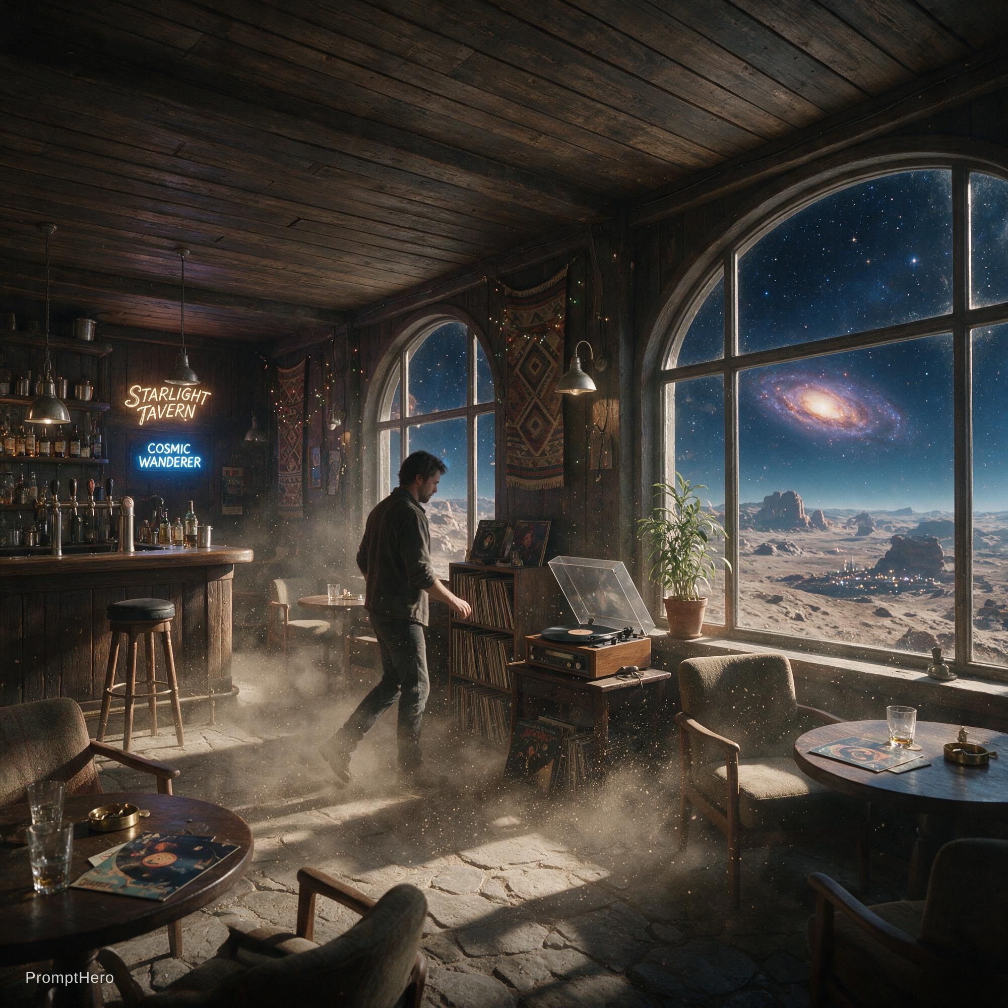 AI generated: Seedream 5 prompt: A tavern in the galaxy, with a man walking towards... (Seedream 5 - Portraits)