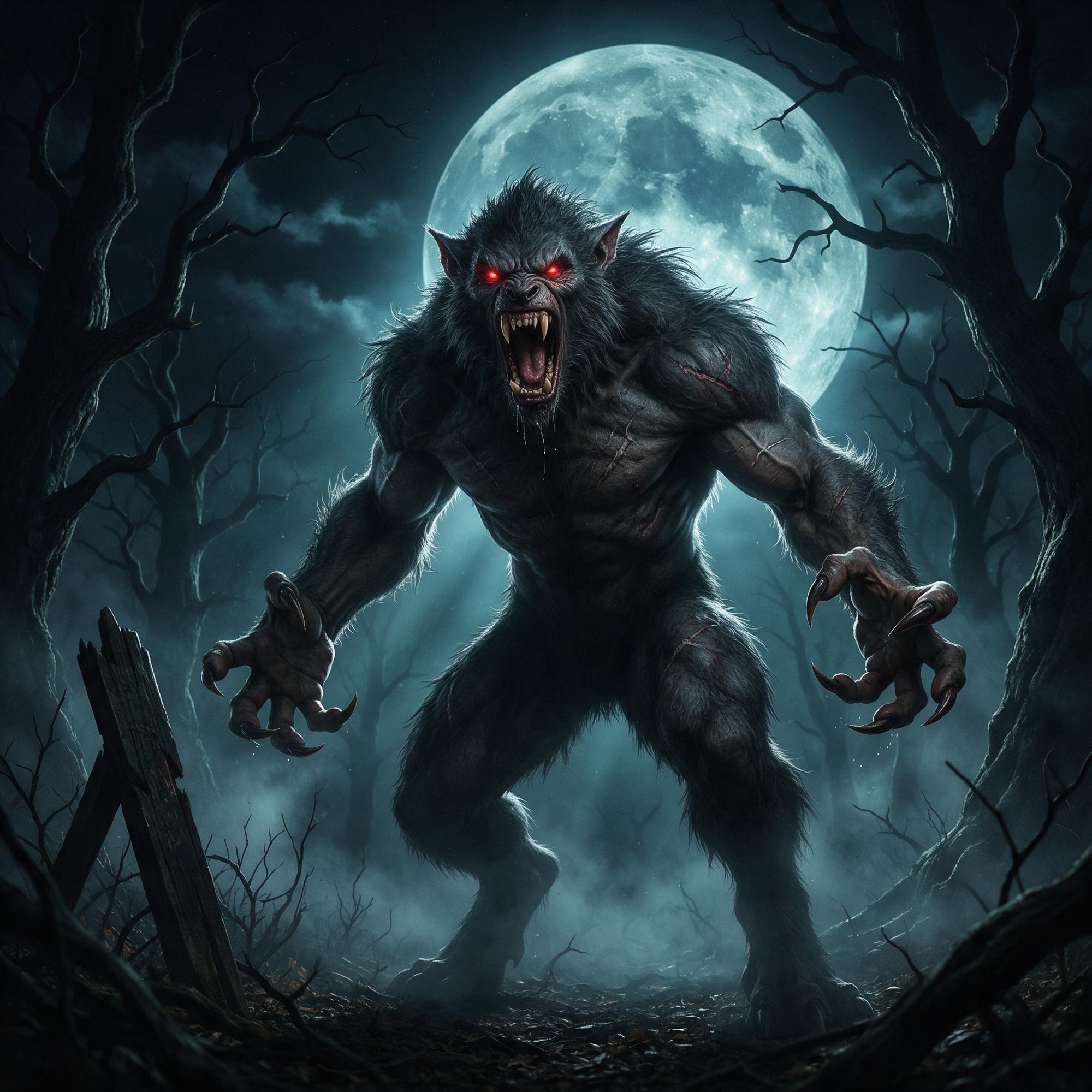 صورة مولدة بالذكاء الاصطناعي: Seedream 5 prompt: A massive bipedal werewolf standing aggressively i... (نموذج Seedream 5 - مناظر طبيعية)