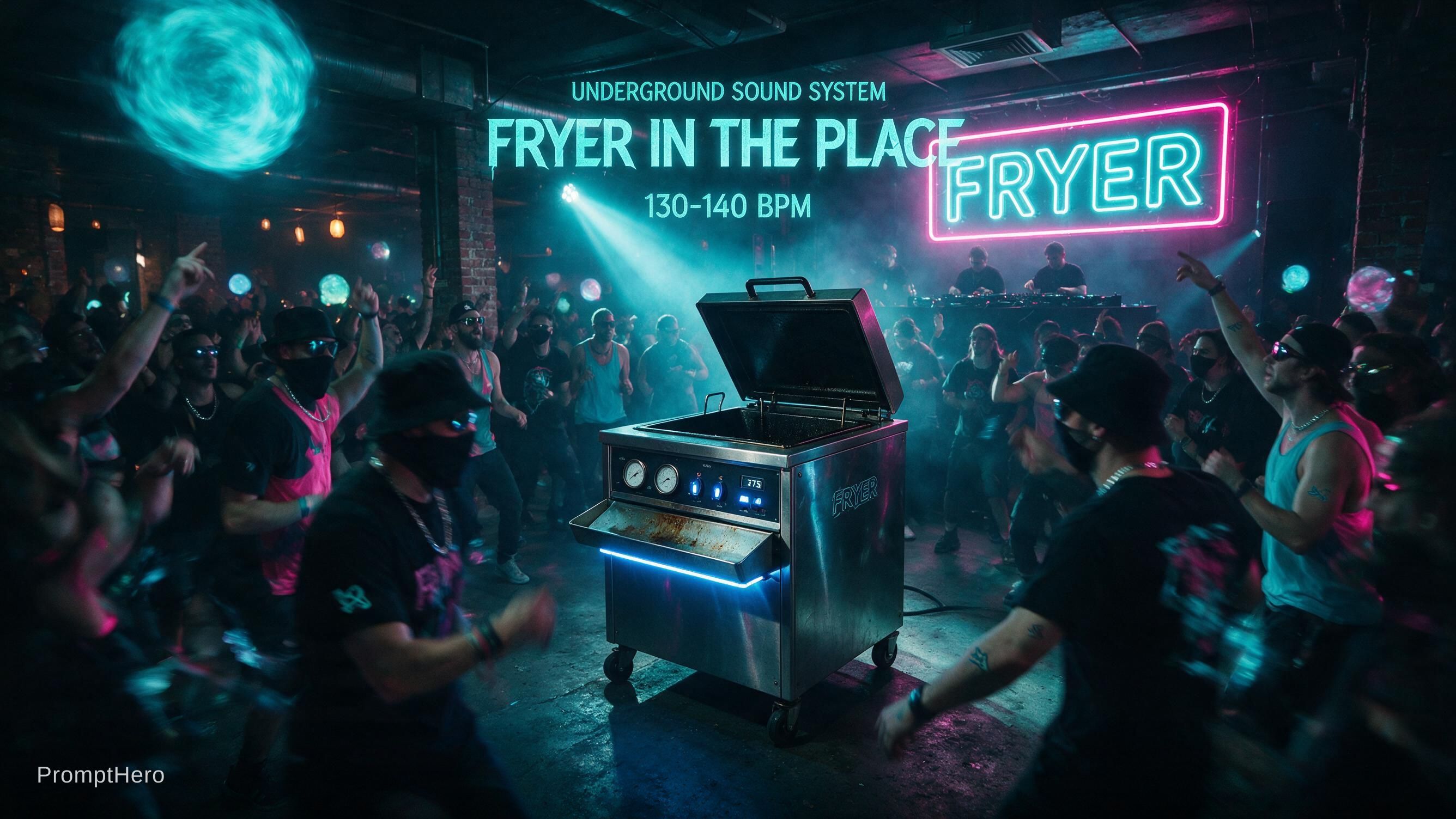 AI generated: Seedream 5 prompt: fryer dark underground techno party (Seedream 5 - Concept Art)
