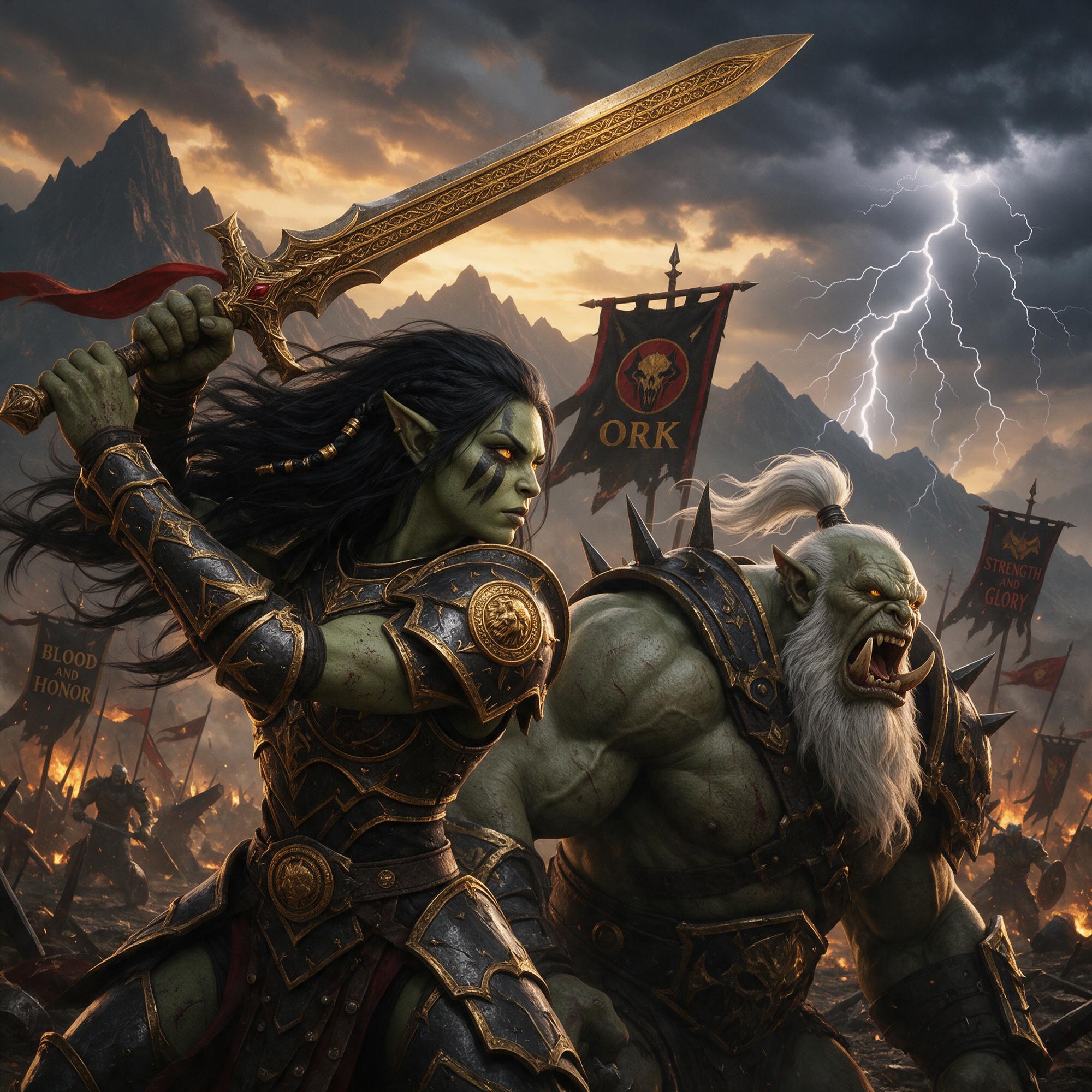AI generated: Seedream 5 prompt: A green-skinned female orc warrior in ornate gold-... (Seedream 5 - Landscapes)