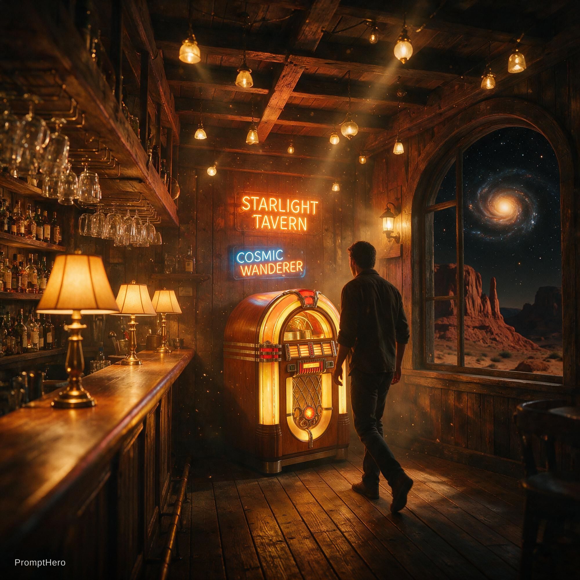 Seedream 5 prompt: Cinematic wide shot of a cozy vintage tavern inter... - Seedream 5