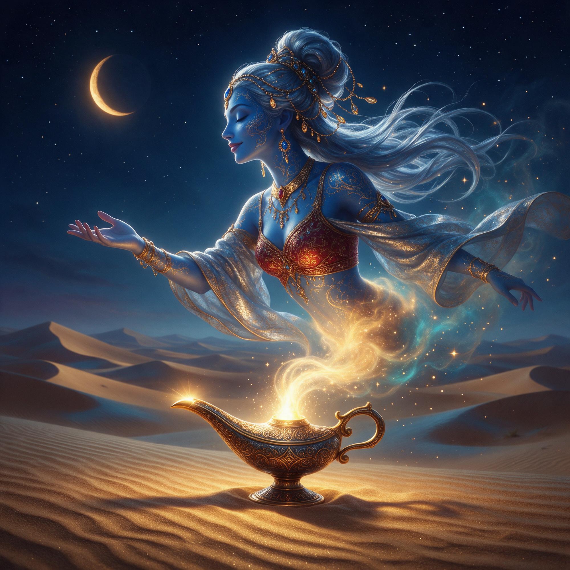 AI generated: Seedream 5 prompt: A majestic blue-skinned genie woman floating above... (Seedream 5 - Portraits)