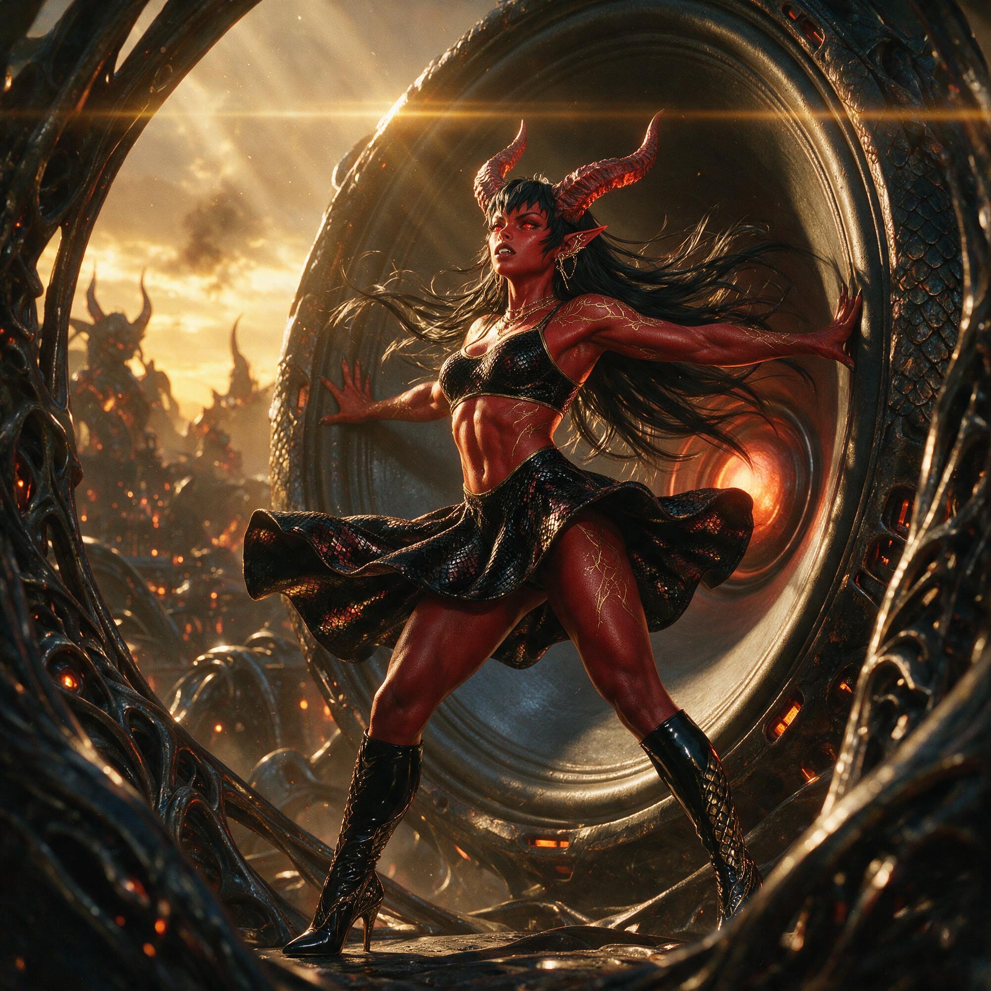 AI generated: Seedream 5 prompt: A female red demon, bathed in a warm, golden glow ... (Seedream 5 - Fashion)