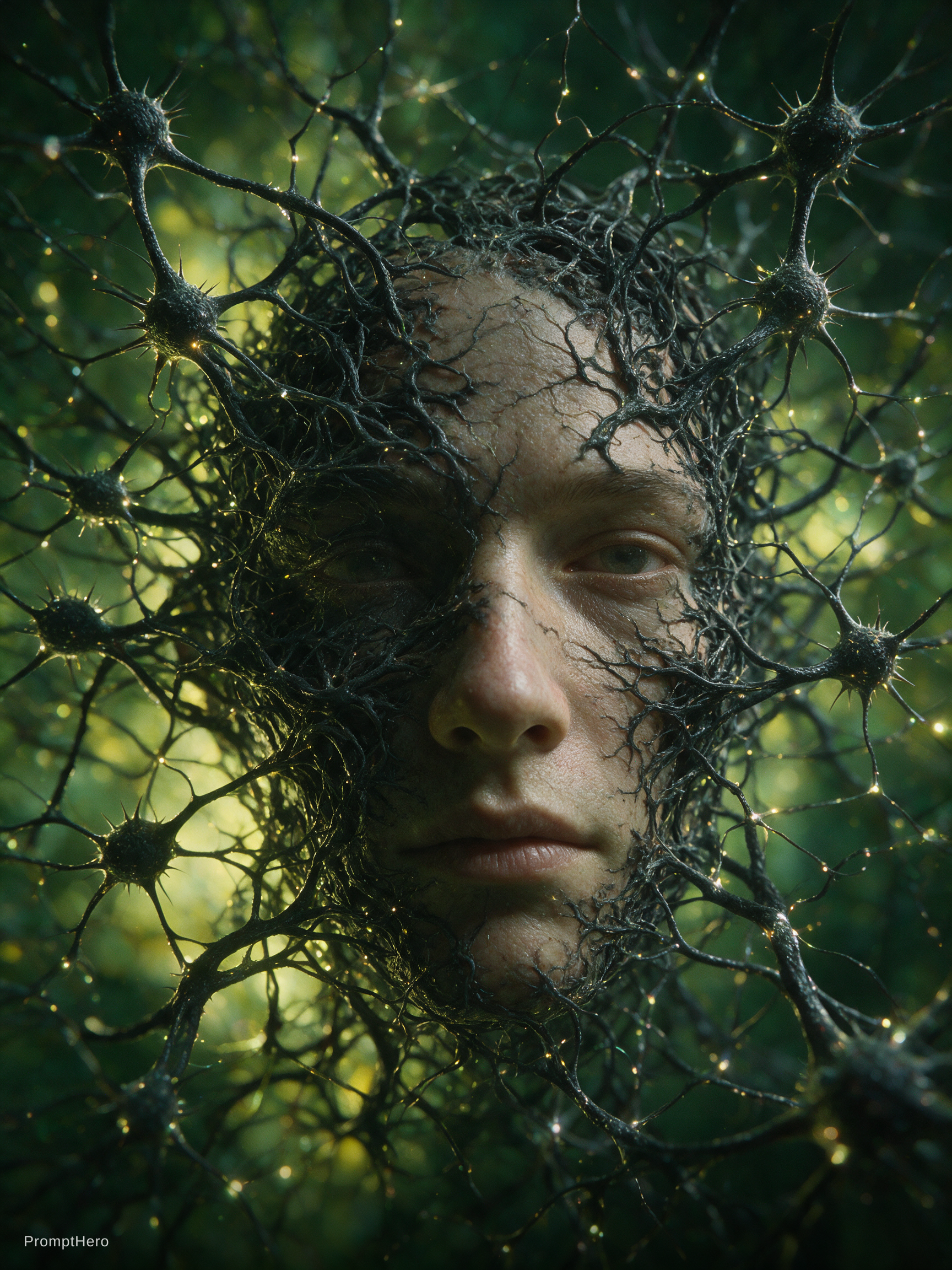 صورة مولدة بالذكاء الاصطناعي: Seedream 5 prompt: Close-up of a human face dissolving into a network... (نموذج Seedream 5 - صور شخصية)