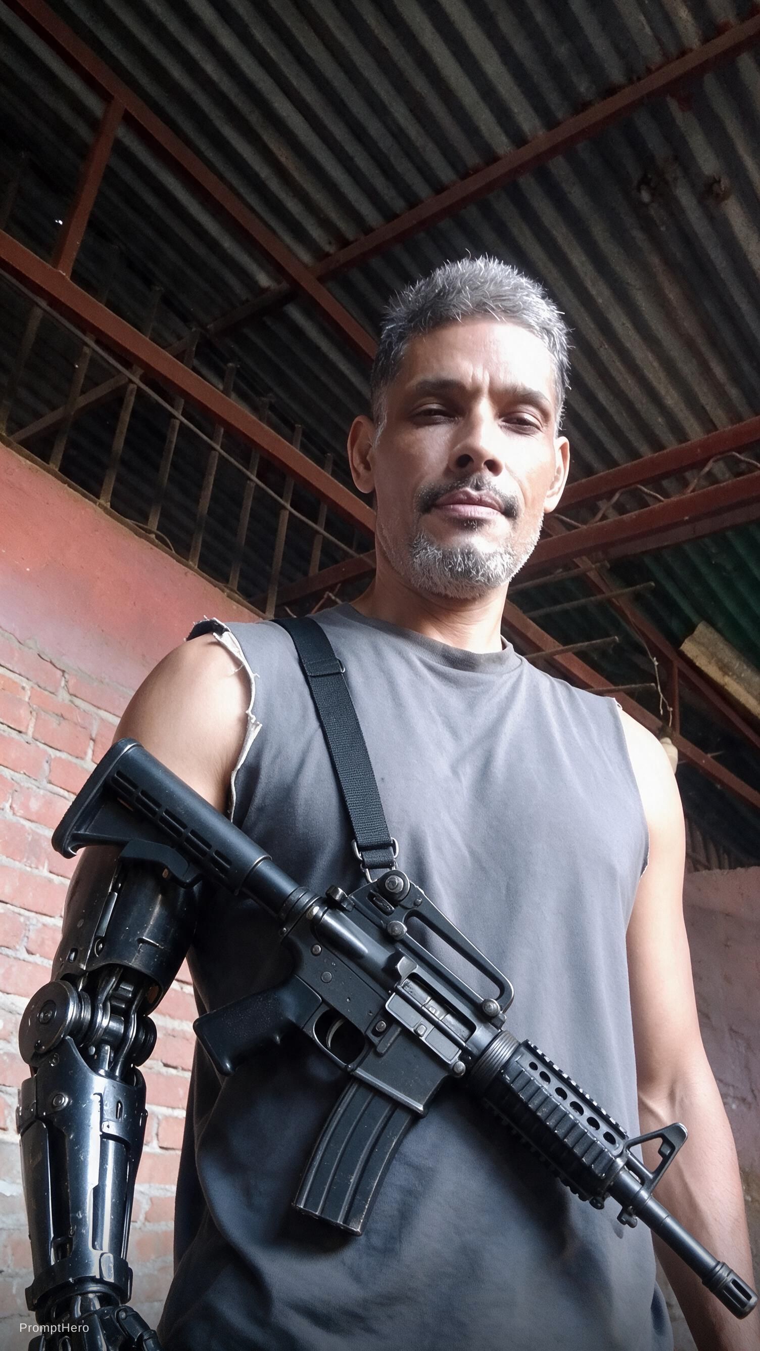 صورة مولدة بالذكاء الاصطناعي: Seedream 5 prompt: Muscular with a sid3 arm on the left replace rifl... (نموذج Seedream 5 - فن مفاهيمي)